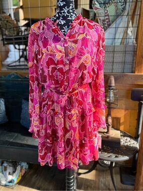 *NWT* Donna Morgan Pink & Orange Floral/Paisley Tie-Waist Long Sleeve Dress
